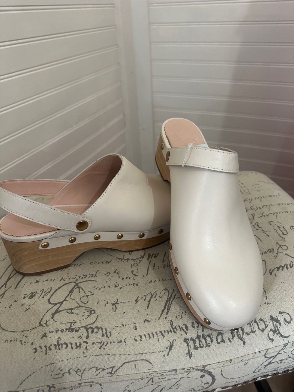 JCREW Women’s Cream Leather Clog Mules with Wood Heel 10